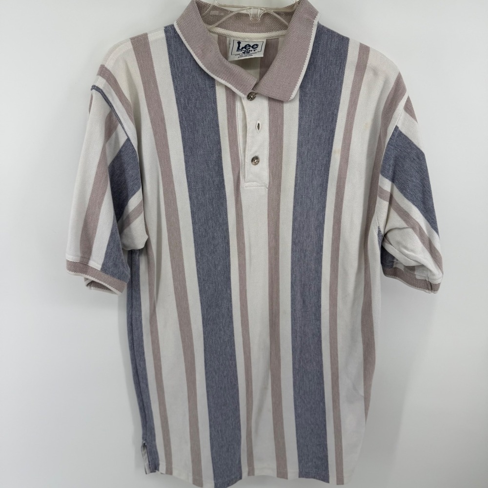 Lee Sport Vintage 90s Striped Polo Shirt Large Blue Tan Cream Cotton Pique